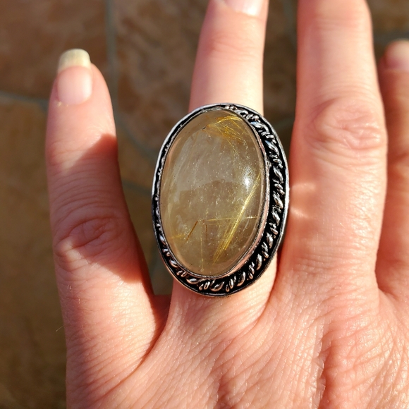 New Huge Golden Rutile Quartz 925 Silver Statement Ring. - Picture 7 of 16